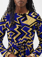 "Royal Blue Sheba" Long Sleeve Midaxi Dress — close-up of the round neckline and long sleeve