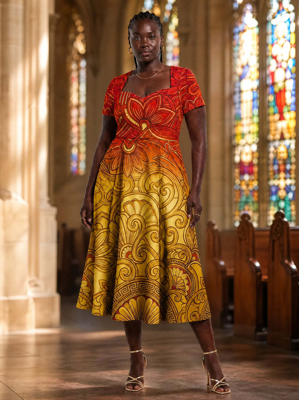 "Rubi" Sweetheart Midi Dress — on model inside a church