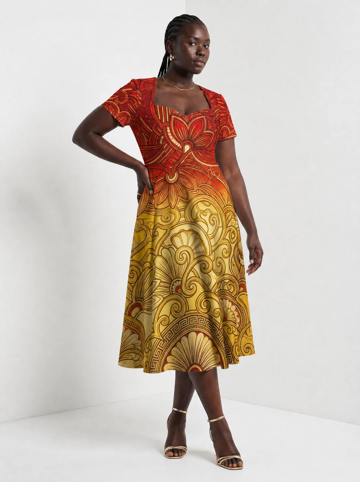 "Rubi" Sweetheart Midi Dress — walking, three-quarter view on model