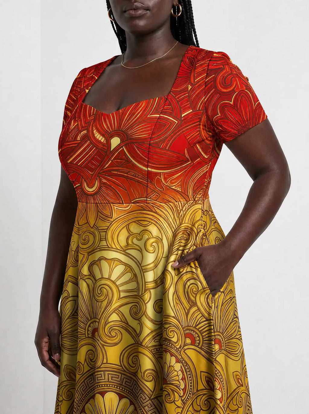 "Rubi" Sweetheart Midi Dress — standing, angled view on model