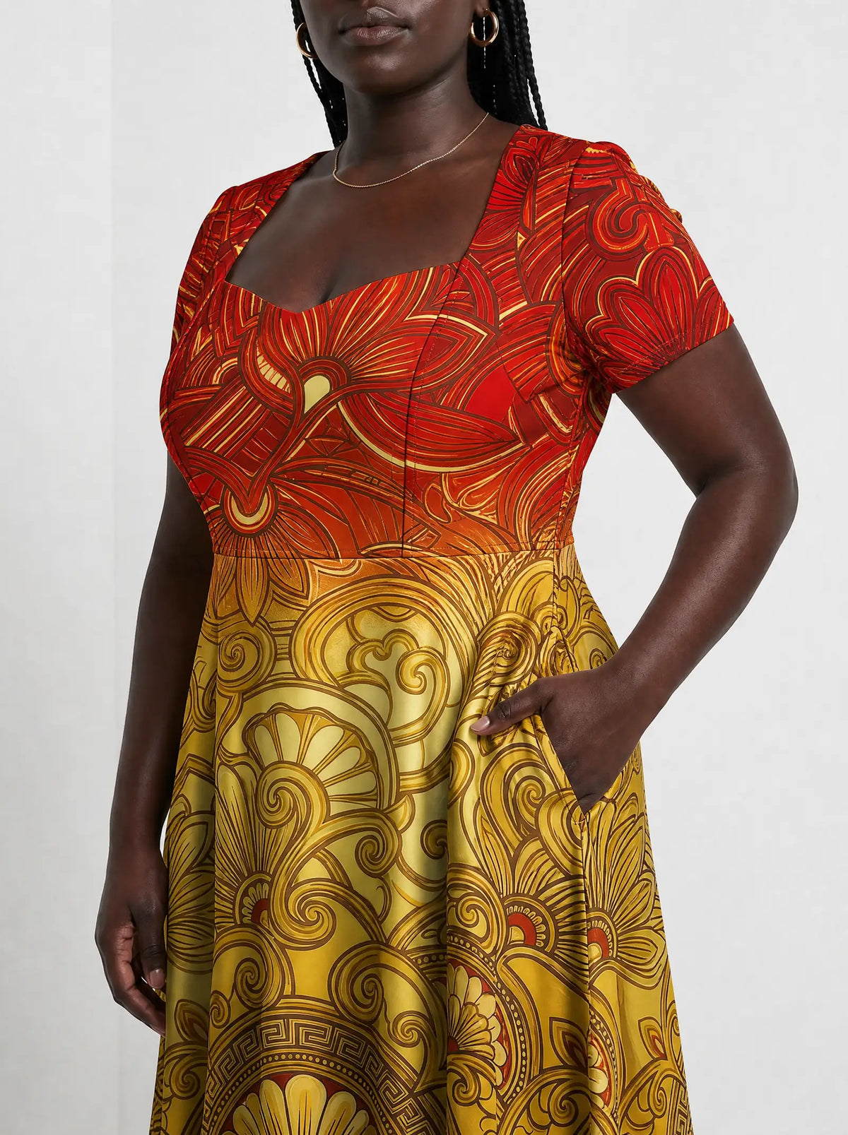 "Rubi" Sweetheart Midi Dress — standing, angled view on model