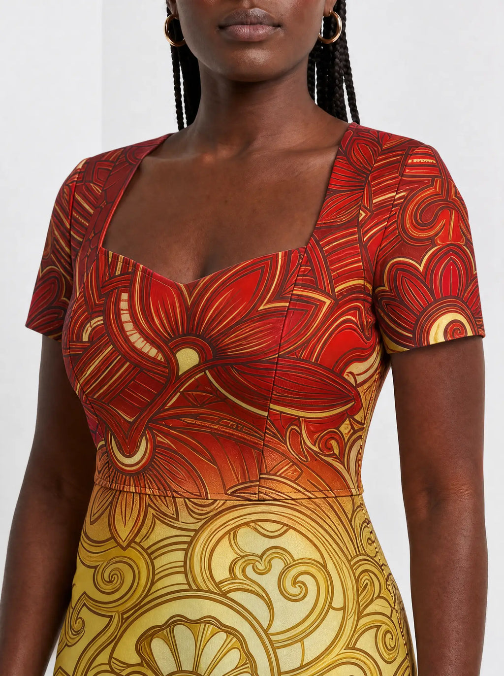 "Rubi" Sweetheart Midi Dress — three-quarter view on model