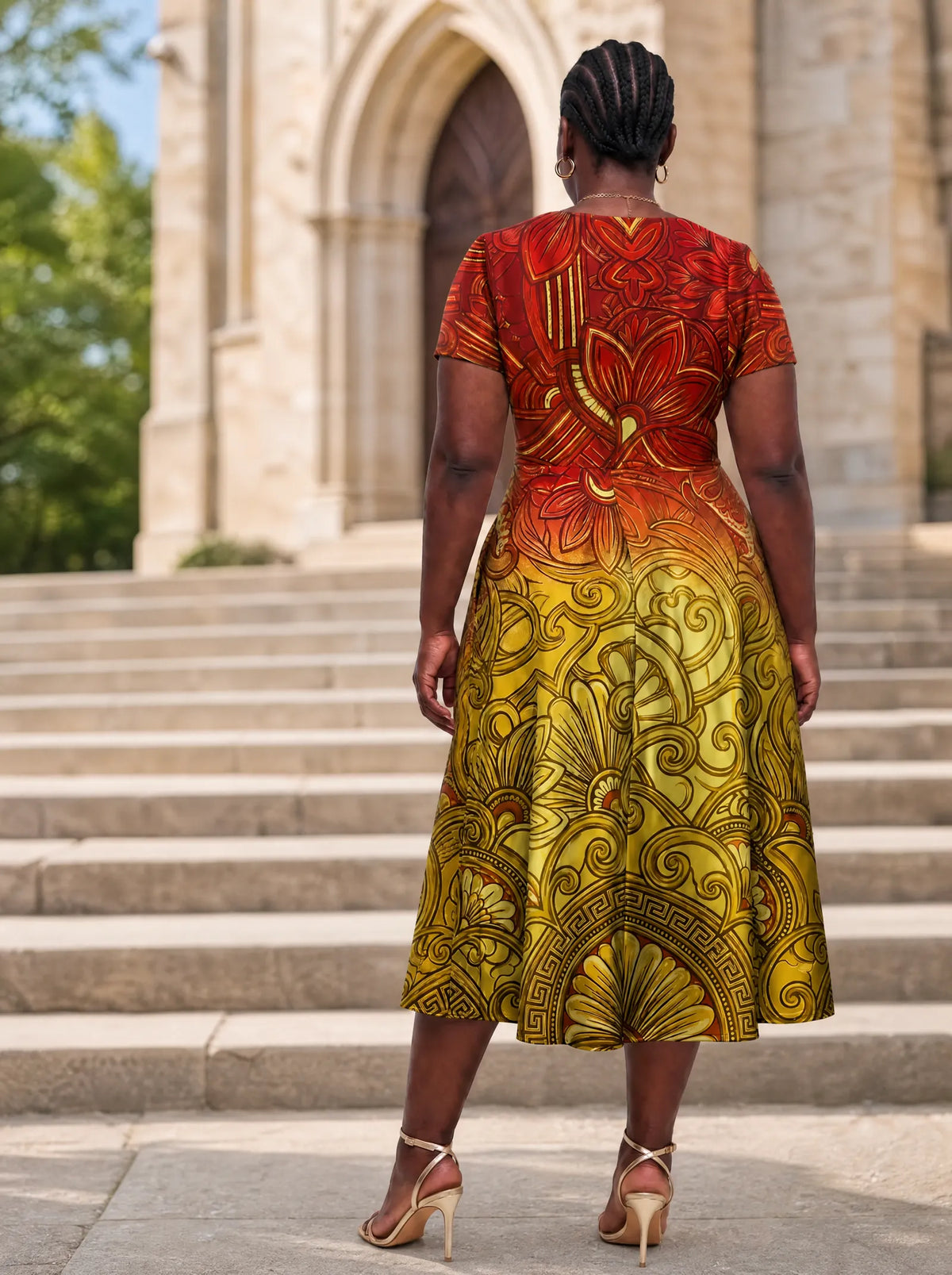 "Rubi" Sweetheart Midi Dress — back view on model in the churchyard