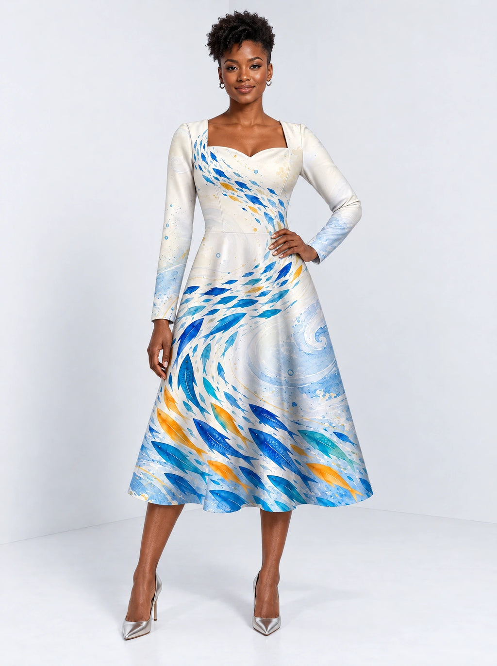 "Samaki" Long Sleeve Sweetheart Midi Dress — front view on model