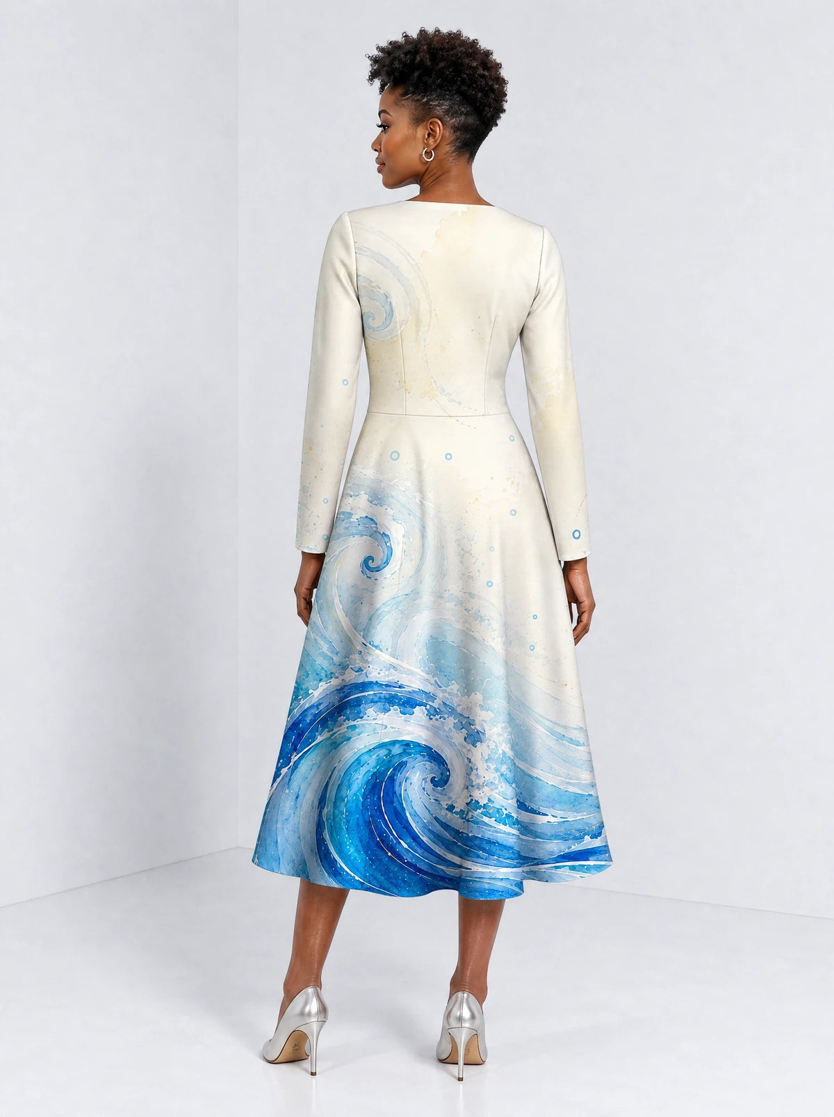 "Samaki" Long Sleeve Sweetheart Midi Dress — back view on model