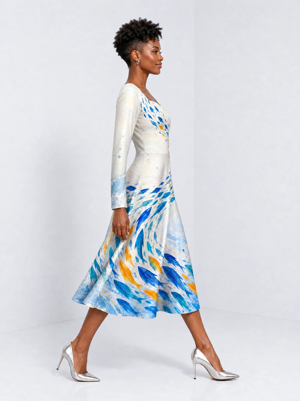 "Samaki" Long Sleeve Sweetheart Midi Dress — side view on model