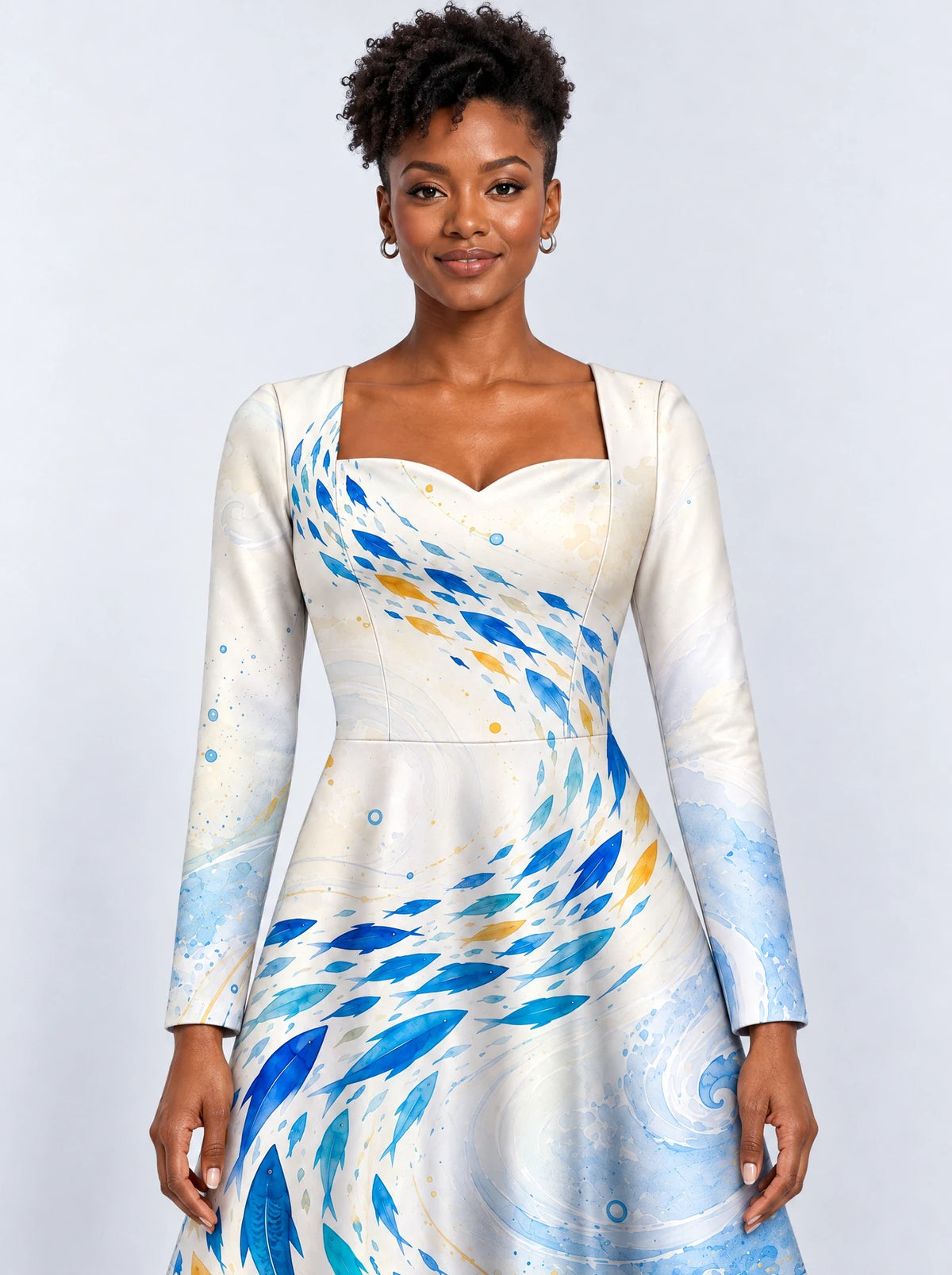 "Samaki" Long Sleeve Sweetheart Midi Dress — print close-up on model