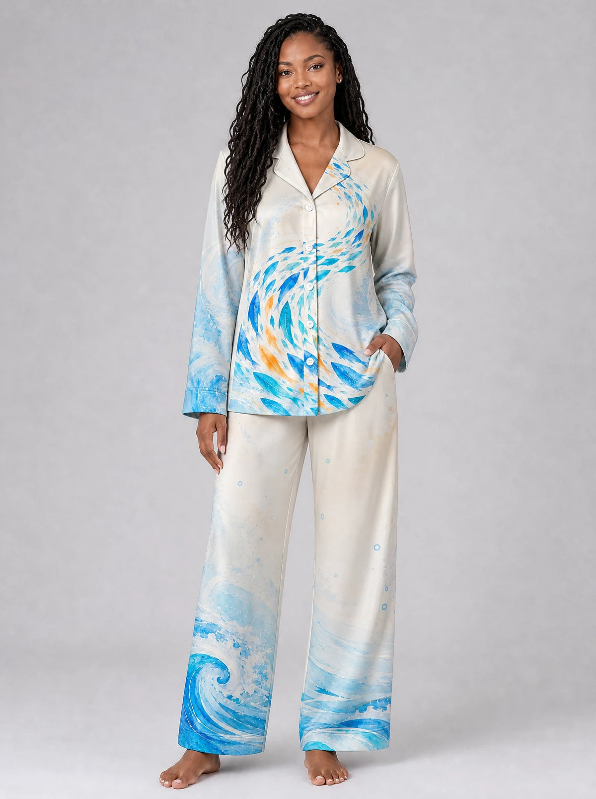 "Samaki" Pajama Set — front view on model