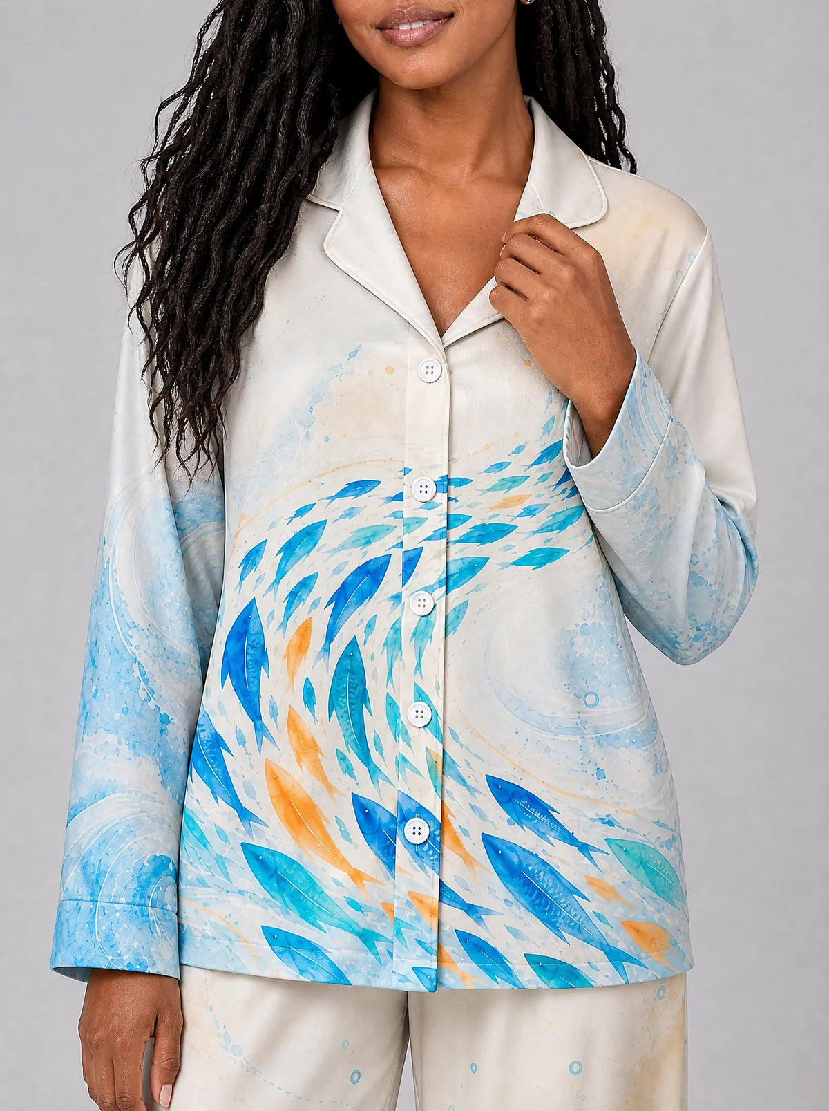 "Samaki" Pajama Set — close-up on model