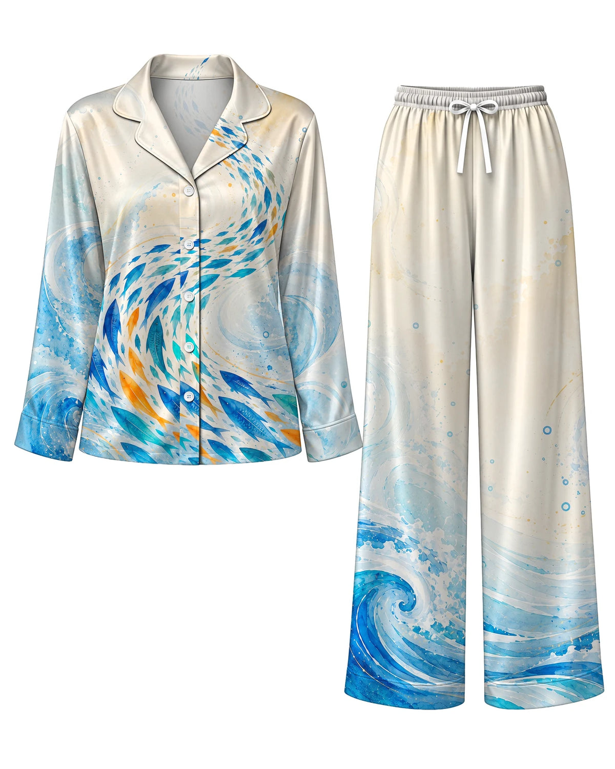 "Samaki" Pajama Set — flat lay of the shirt and pants