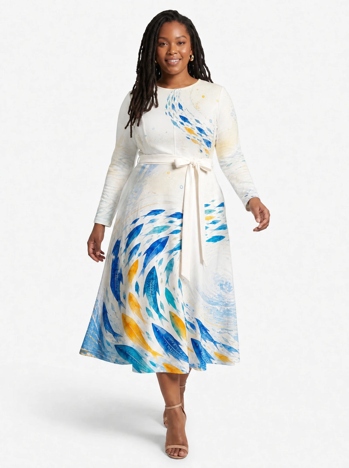 "Samaki" Long Sleeve Midaxi Dress — front view on model