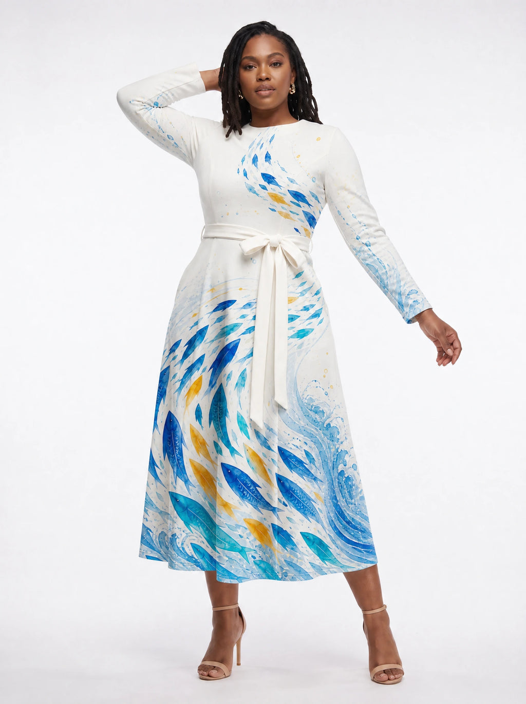 "Samaki" Long Sleeve Midaxi Dress — three-quarter view on model, hand in the side pocket