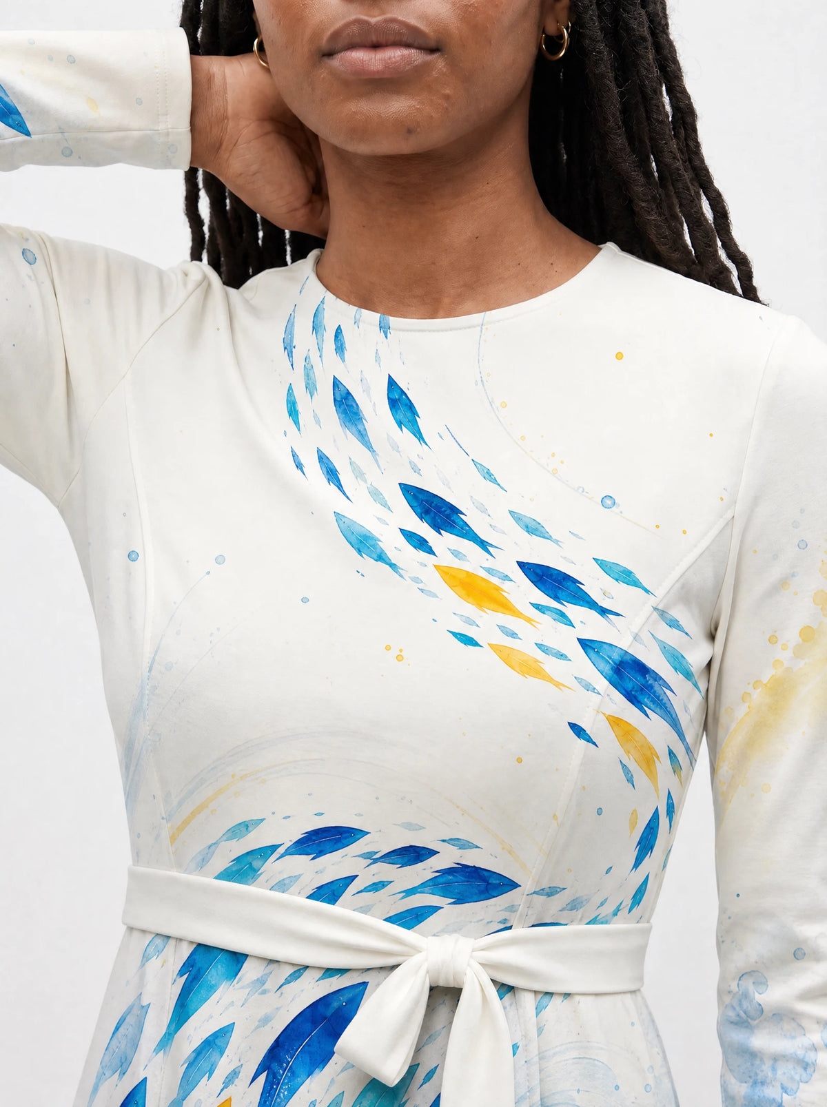 "Samaki" Long Sleeve Midaxi Dress — close-up of the round neckline and long sleeve