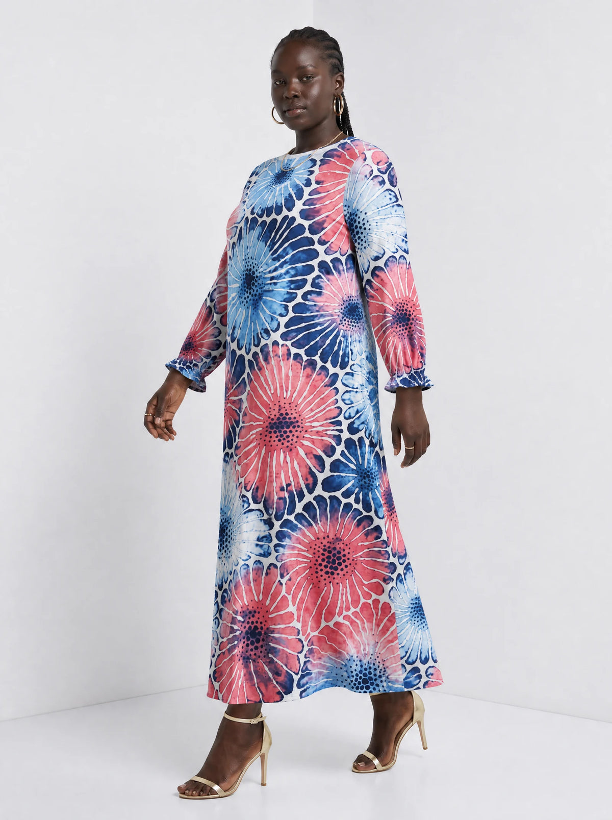 "Samawati" Long Sleeve Maxi Dress — three-quarter view on model