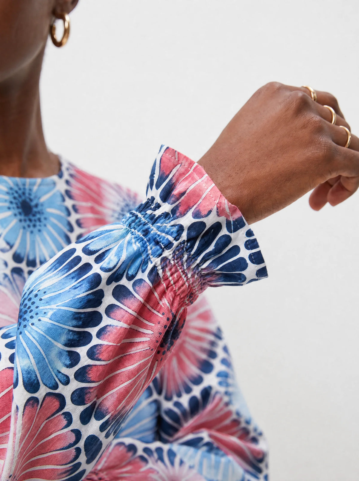 "Samawati" Long Sleeve Maxi Dress — close-up of the gathered ruffle cuff at the wrist