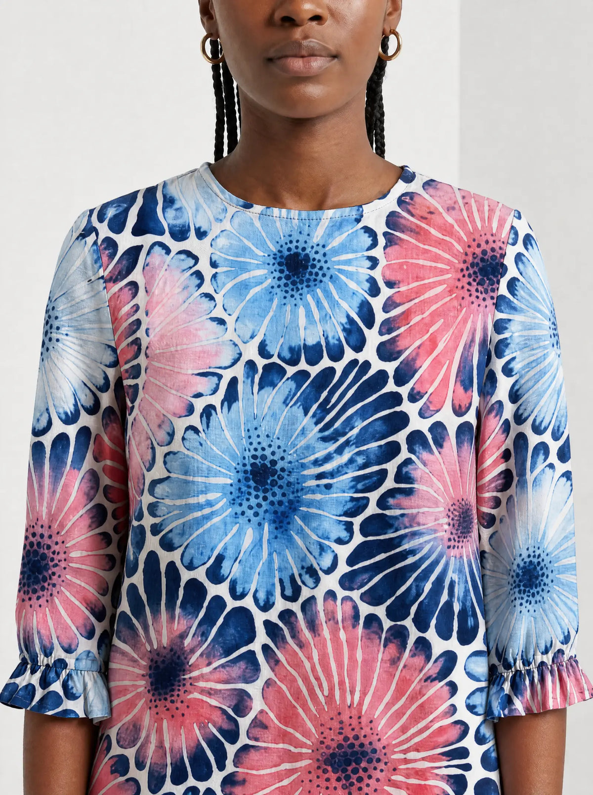 "Samawati" Long Sleeve Maxi Dress — close-up of the high round neckline