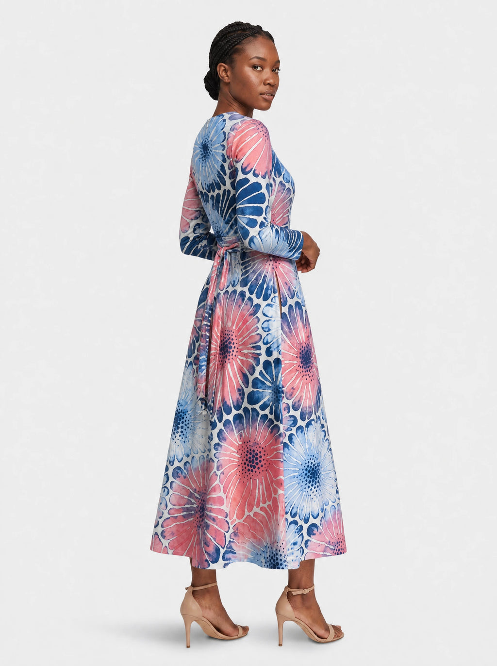 "Samawati" Long Sleeve Midaxi Dress — three-quarter view on model, hand in the side pocket