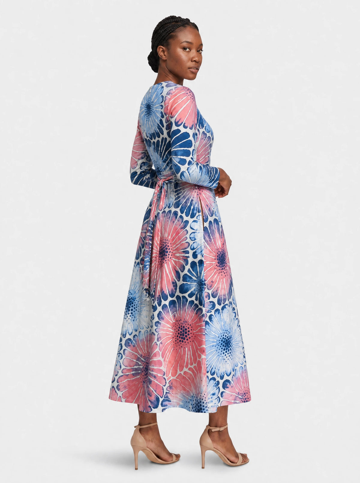 "Samawati" Long Sleeve Midaxi Dress — three-quarter view on model, hand in the side pocket