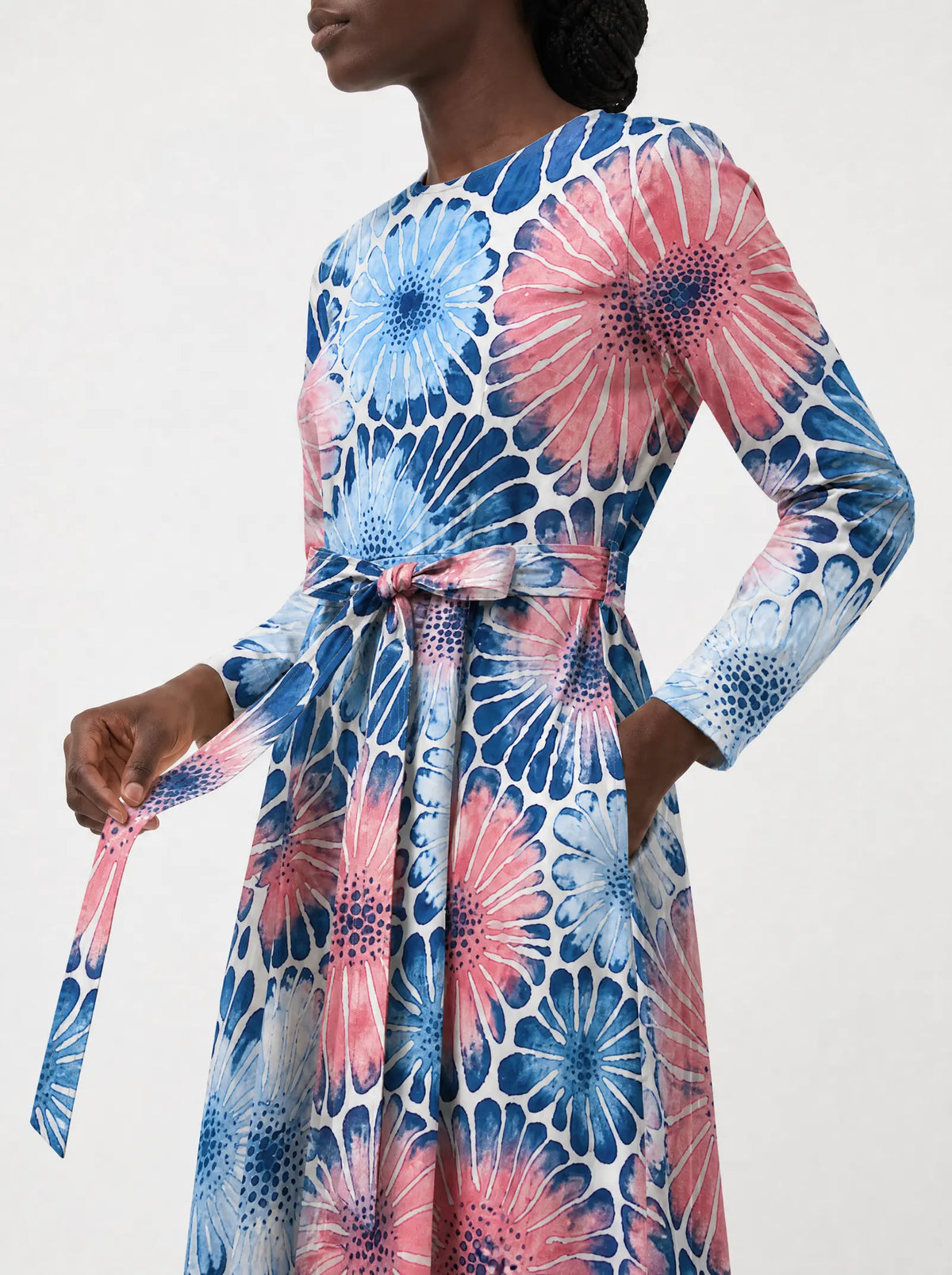 "Samawati" Long Sleeve Midaxi Dress — close-up of the tie sash and the in-seam side pocket
