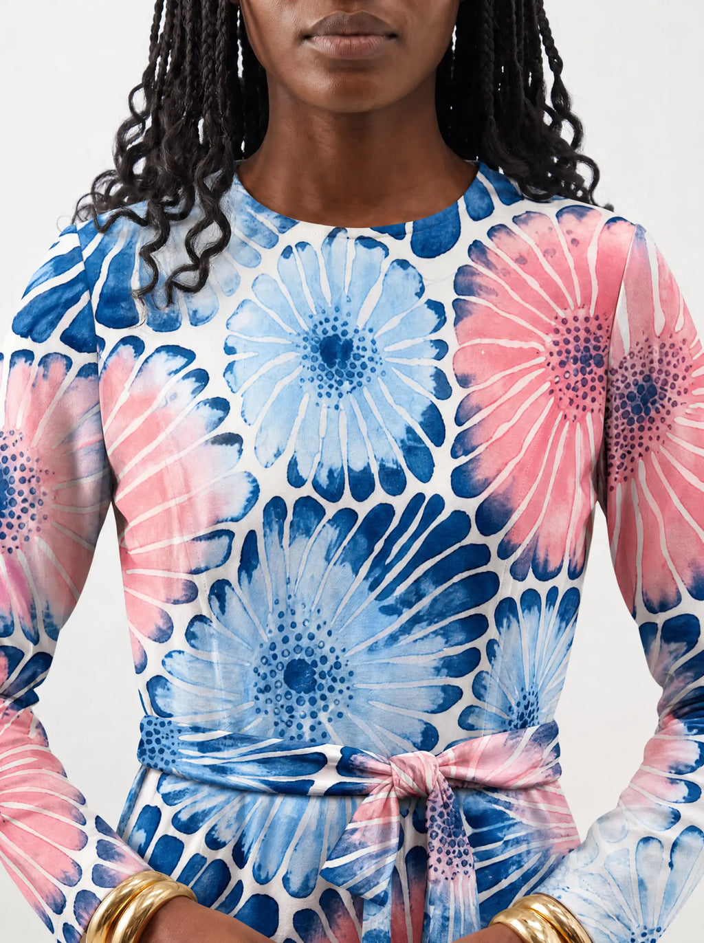 "Samawati" Long Sleeve Midaxi Dress — close-up of the round neckline and long sleeve