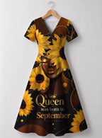 "September Born Queen" V Neck Midi Dress