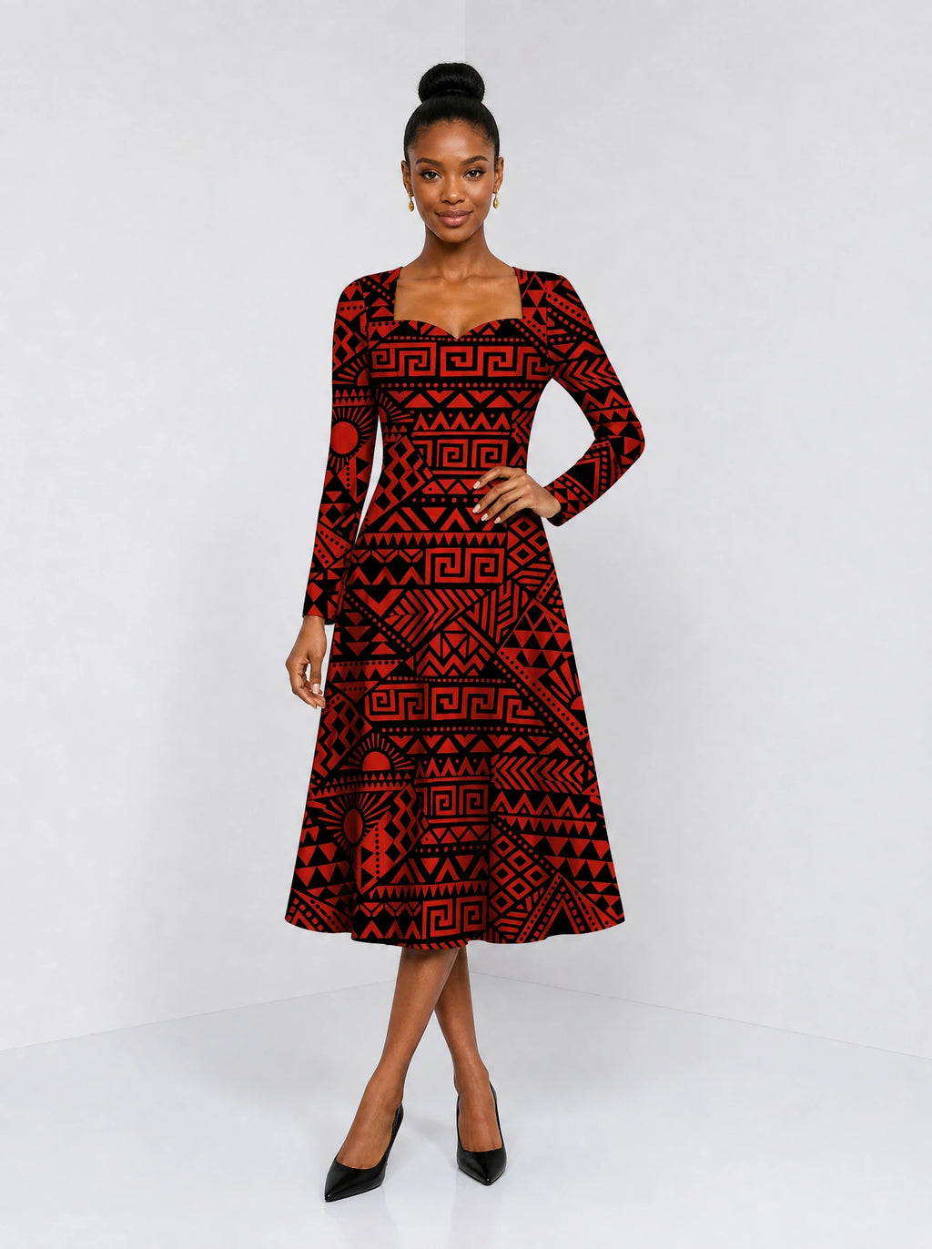 "Shaka Burgundy" Long Sleeve Sweetheart Midi Dress — front view on model
