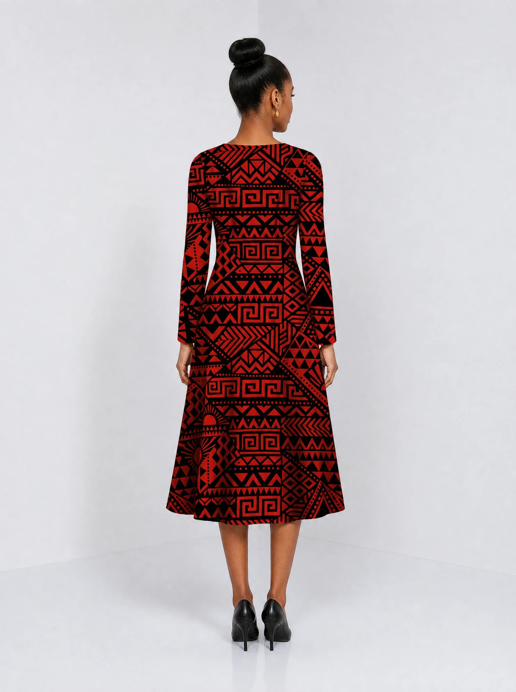 "Shaka Burgundy" Long Sleeve Sweetheart Midi Dress — back view on model