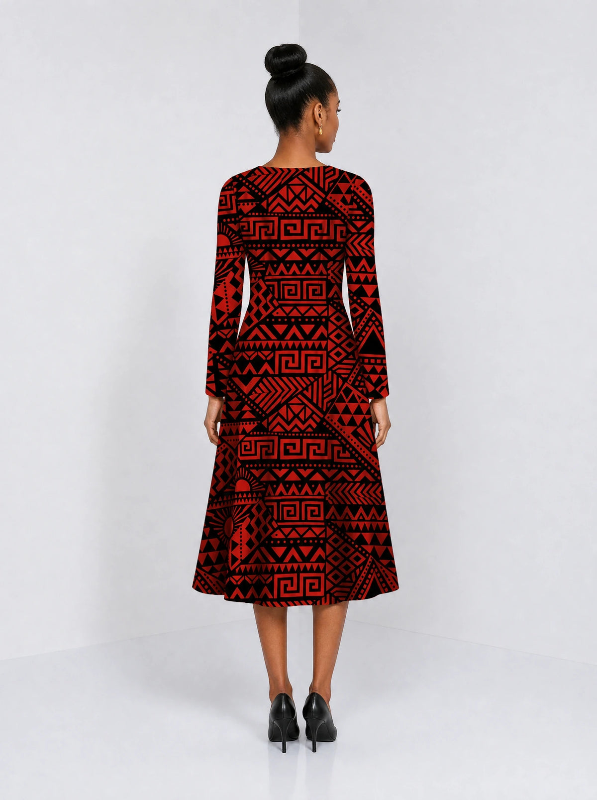 "Shaka Burgundy" Long Sleeve Sweetheart Midi Dress — back view on model