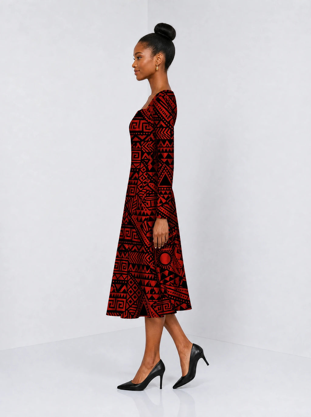 "Shaka Burgundy" Long Sleeve Sweetheart Midi Dress — side view on model