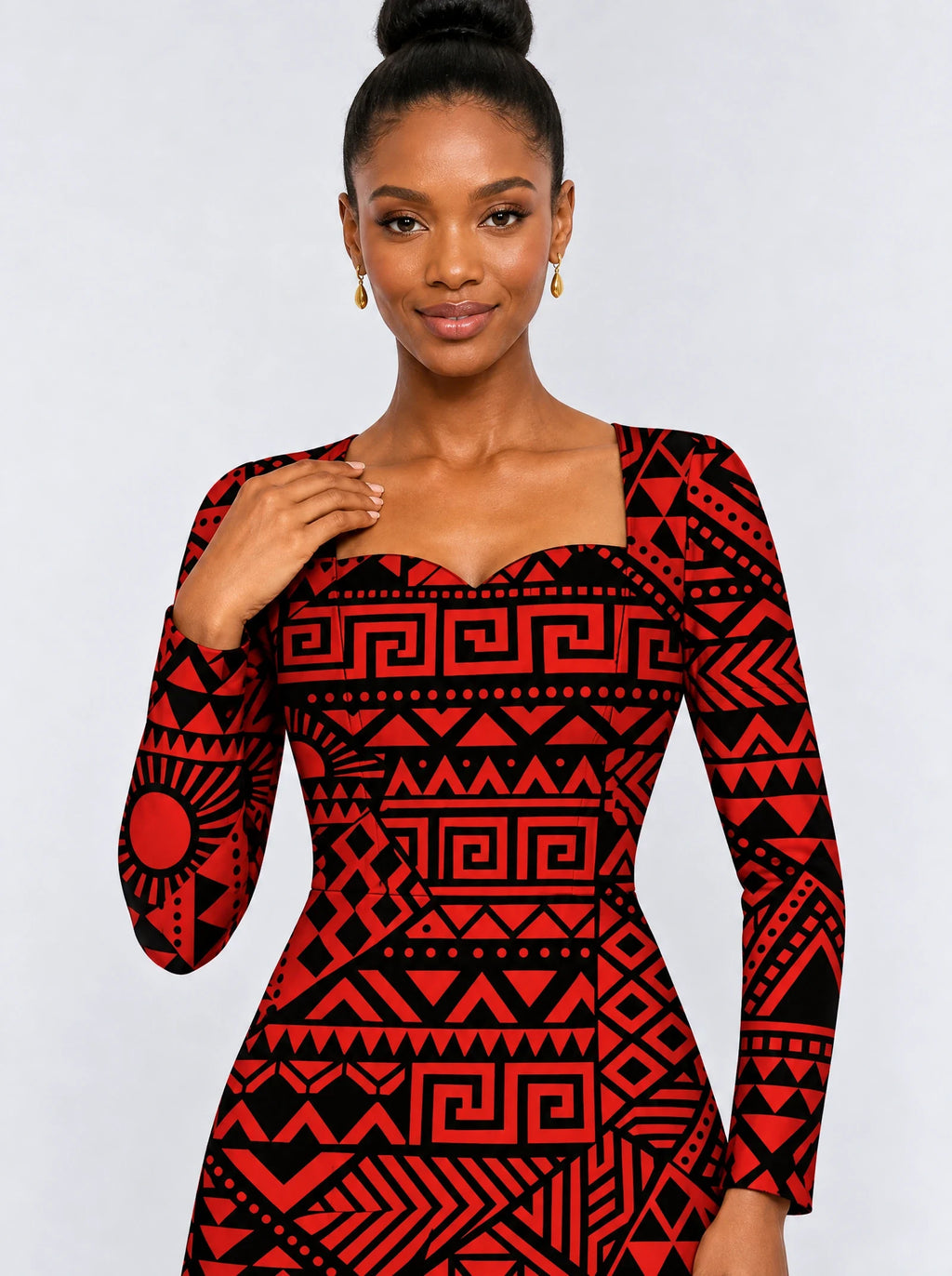"Shaka Burgundy" Long Sleeve Sweetheart Midi Dress — print close-up on model