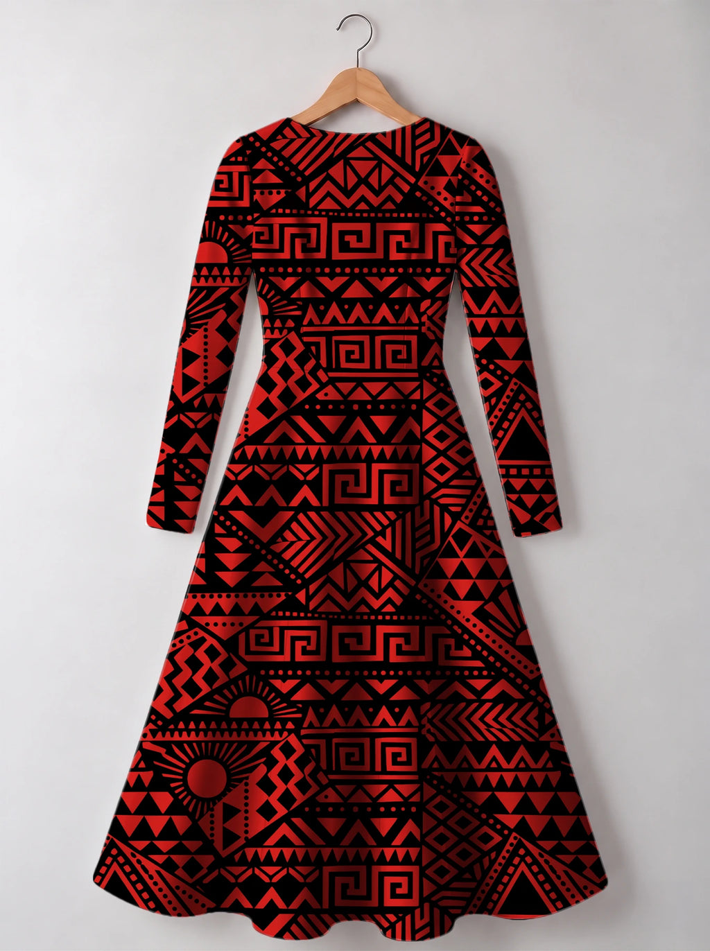"Shaka Burgundy" Long Sleeve Sweetheart Midi Dress — back view