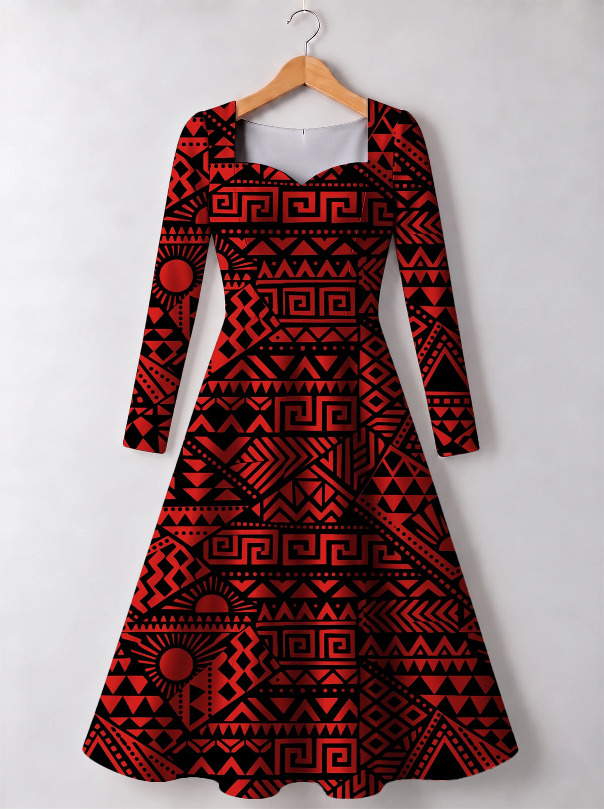 "Shaka Burgundy" Long Sleeve Sweetheart Midi Dress — front view