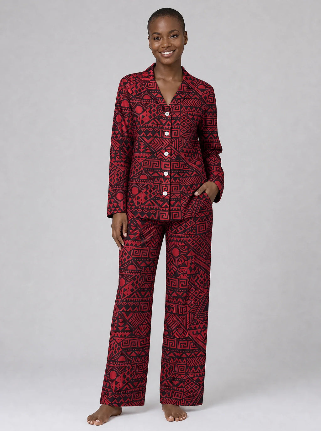 "Shaka" Burgundy Pajama Set — front view on model