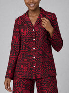 "Shaka" Burgundy Pajama Set — close-up on model