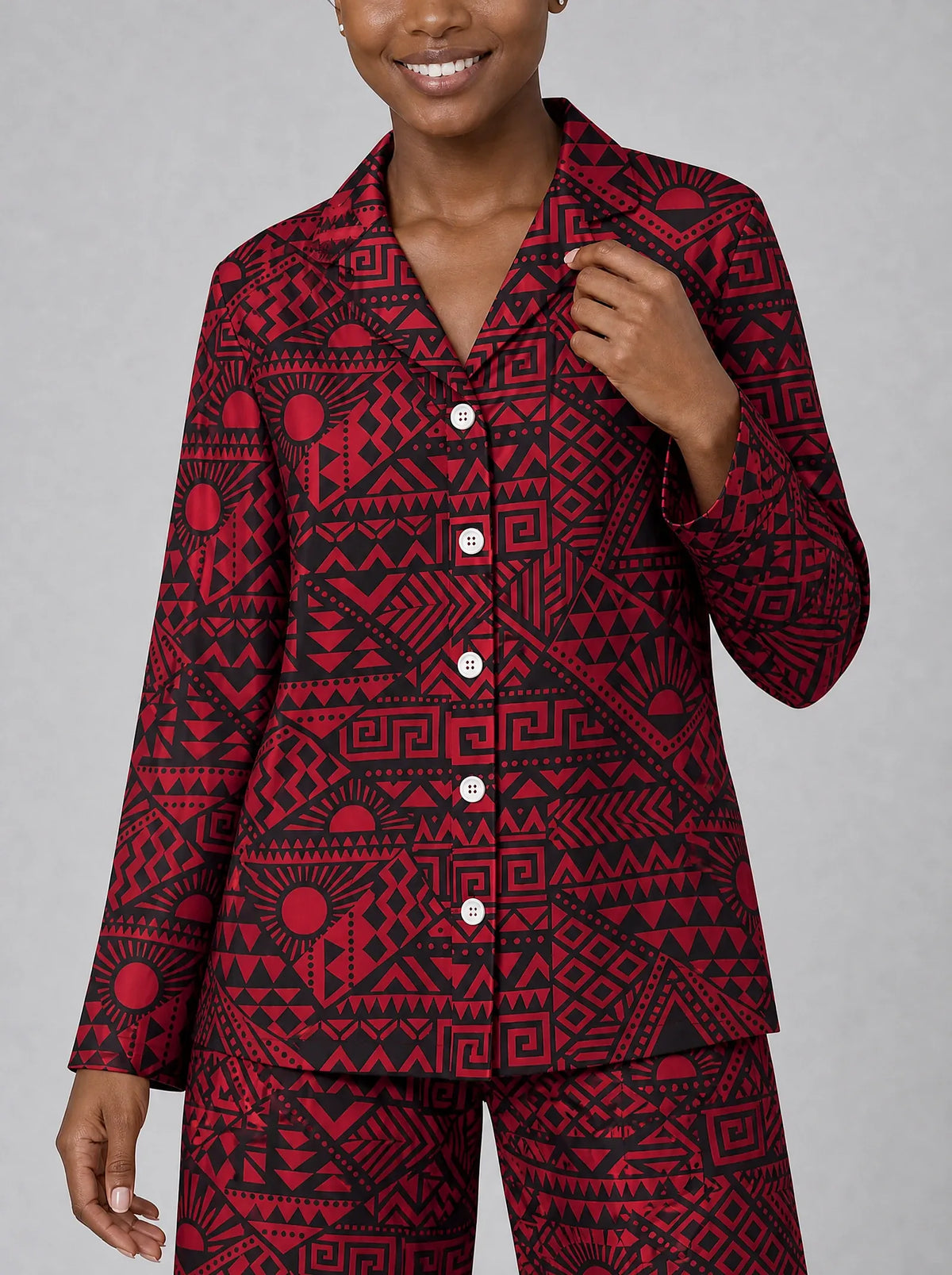 "Shaka" Burgundy Pajama Set — close-up on model