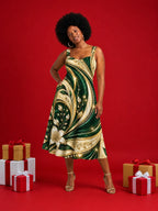"Shanga" Corset Dress — on model, Christmas backdrop