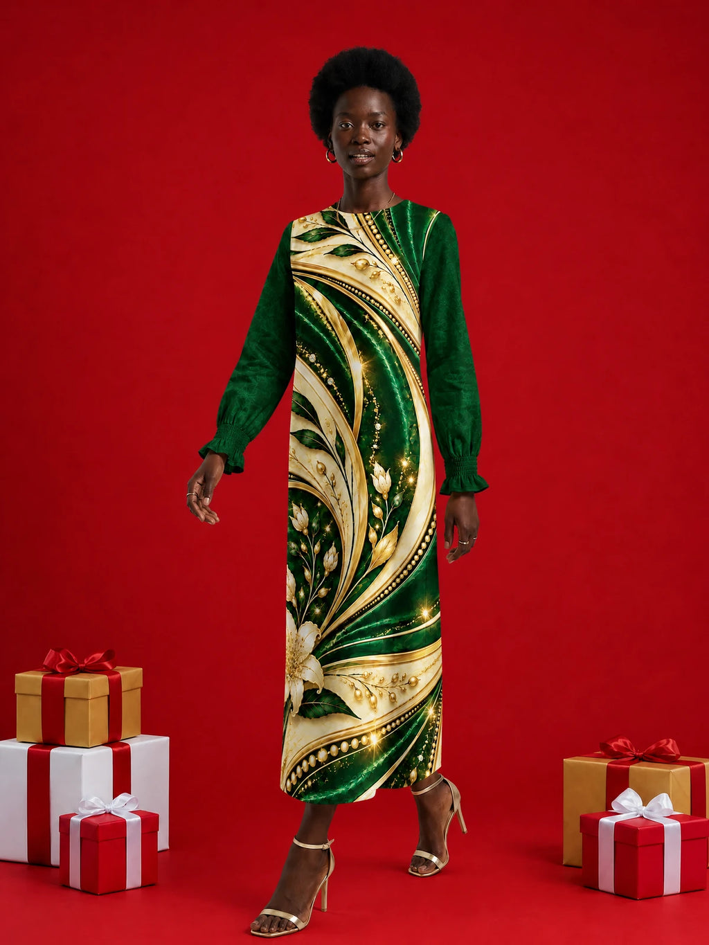 "Shanga" Long Sleeve Maxi Dress — on model, Christmas backdrop
