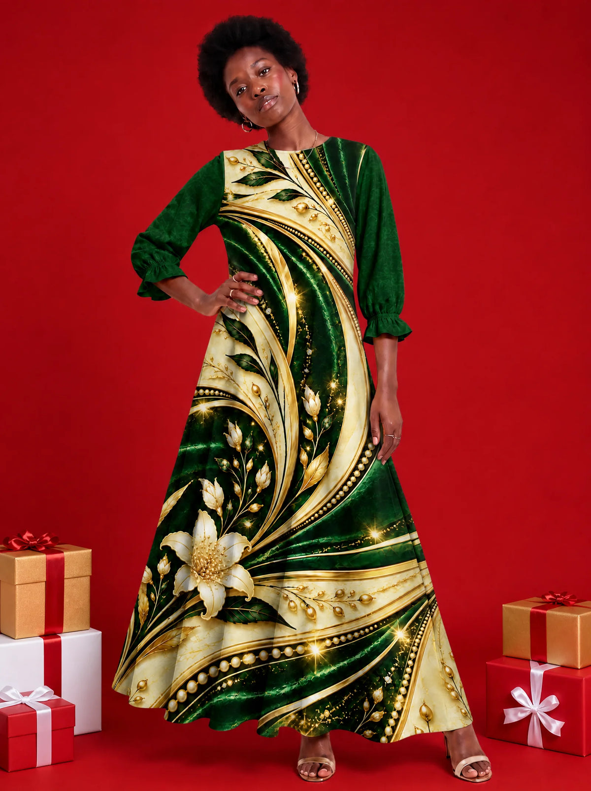 "Shanga" Long Sleeve Maxi Dress — on model, Christmas backdrop