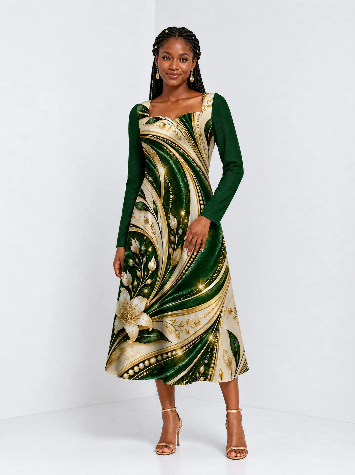 "Shanga" Long Sleeve Sweetheart Midi Dress — front view on model