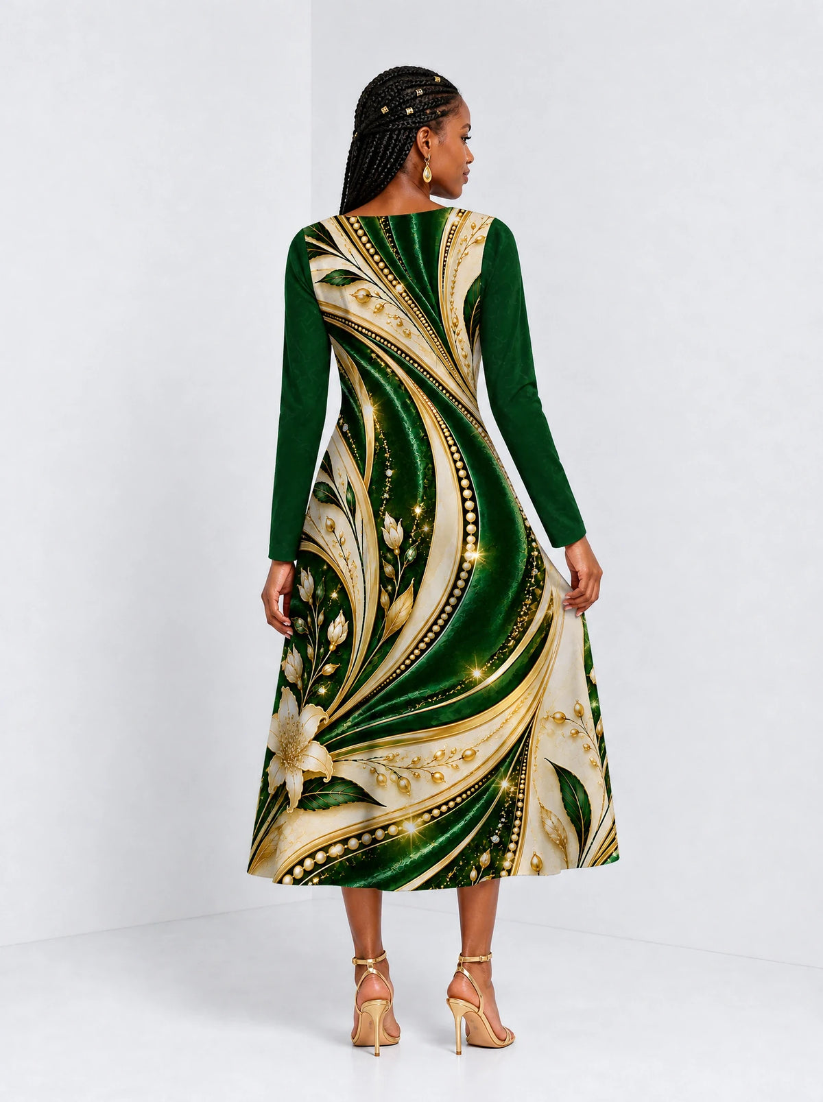 "Shanga" Long Sleeve Sweetheart Midi Dress — back view on model