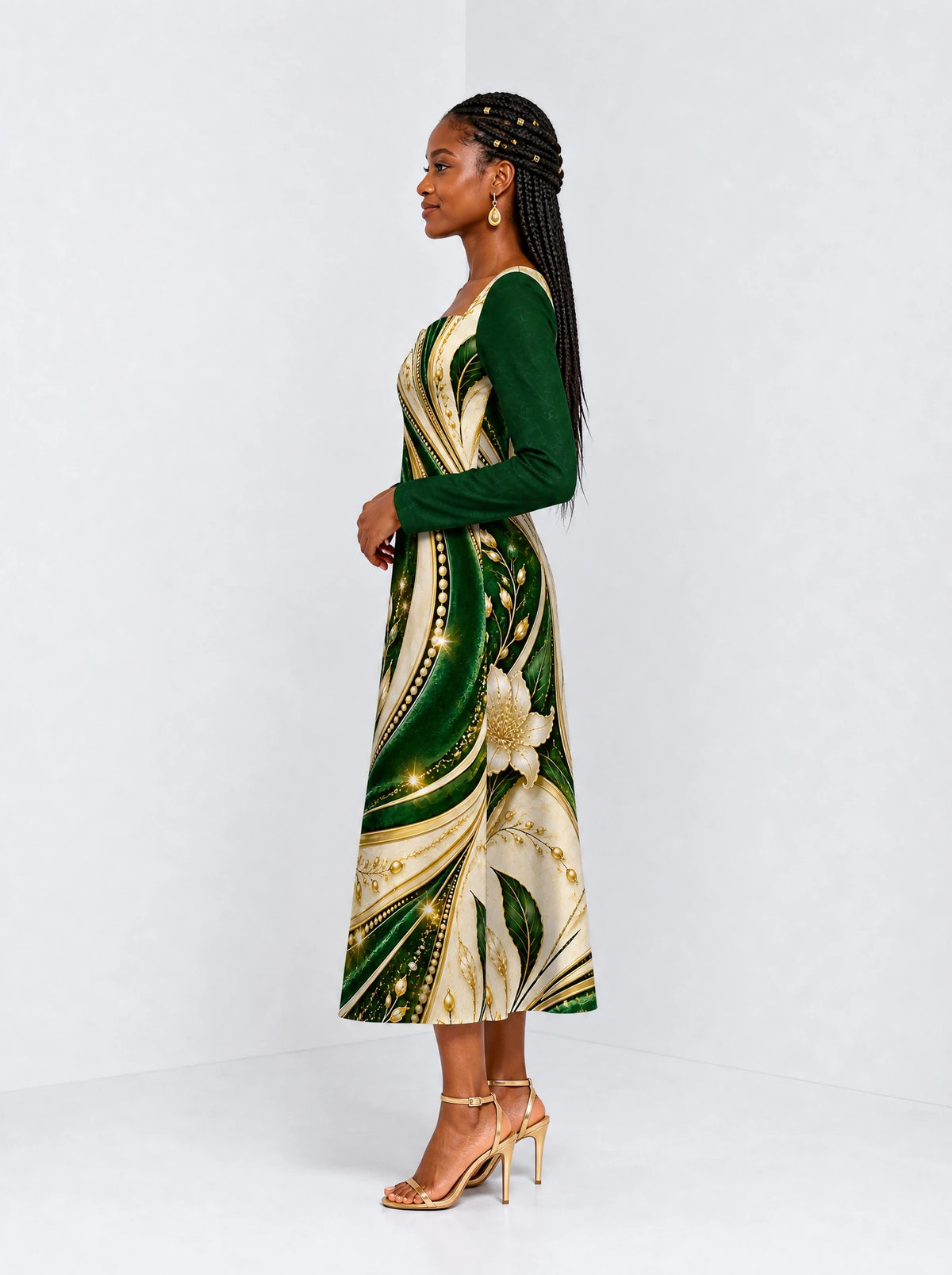 "Shanga" Long Sleeve Sweetheart Midi Dress — side view on model