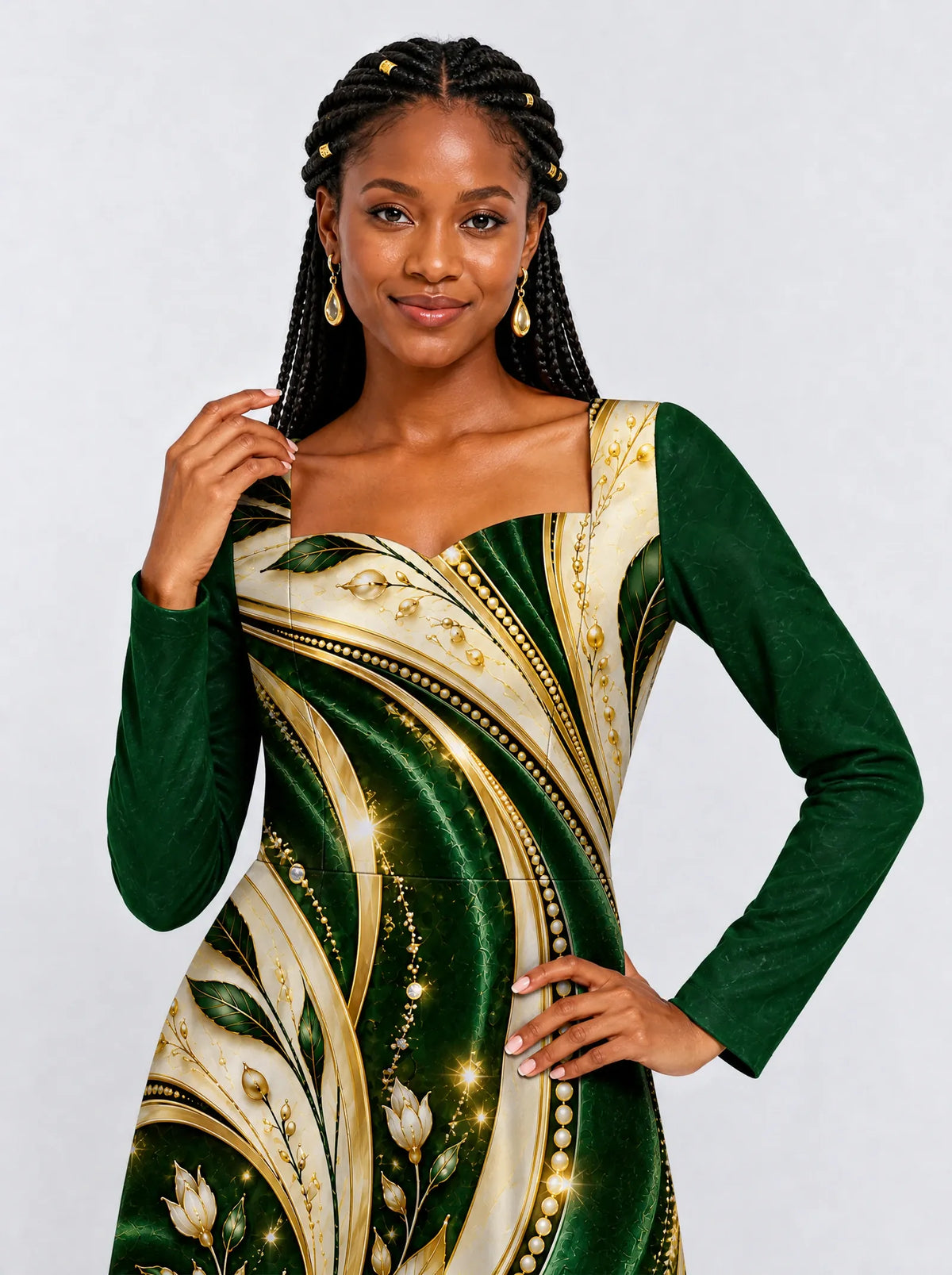 "Shanga" Long Sleeve Sweetheart Midi Dress — print close-up on model