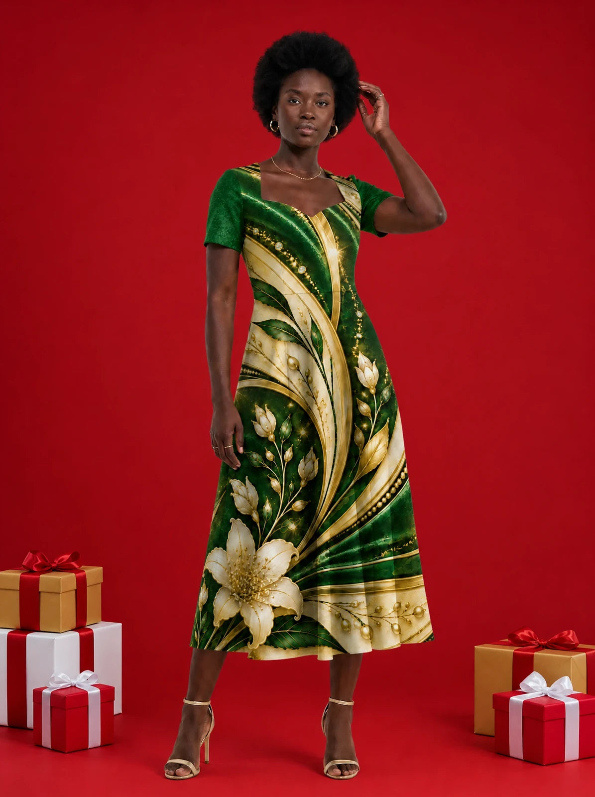 "Shanga" Sweetheart Midi Dress — on model, Christmas backdrop