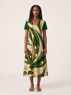 "Shanga" V Neck Midi Dress — front view on model