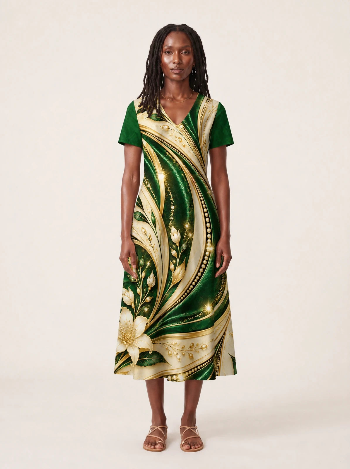 "Shanga" V Neck Midi Dress — front view on model