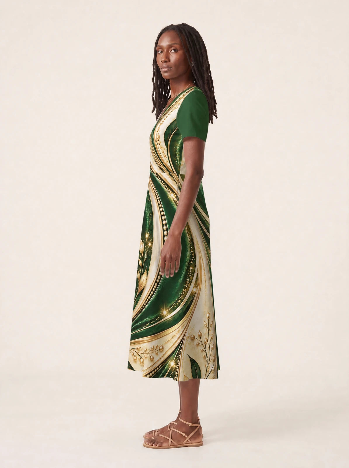 "Shanga" V Neck Midi Dress — side view on model