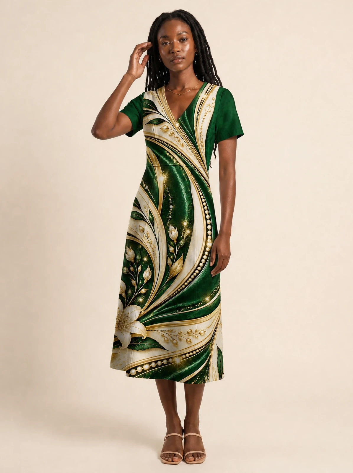 "Shanga" V Neck Midi Dress — styled on model