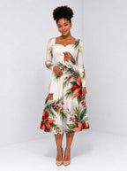 "Shomoro" Long Sleeve Sweetheart Midi Dress — front view on model