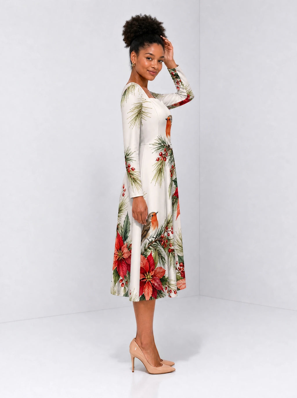"Shomoro" Long Sleeve Sweetheart Midi Dress — side view on model