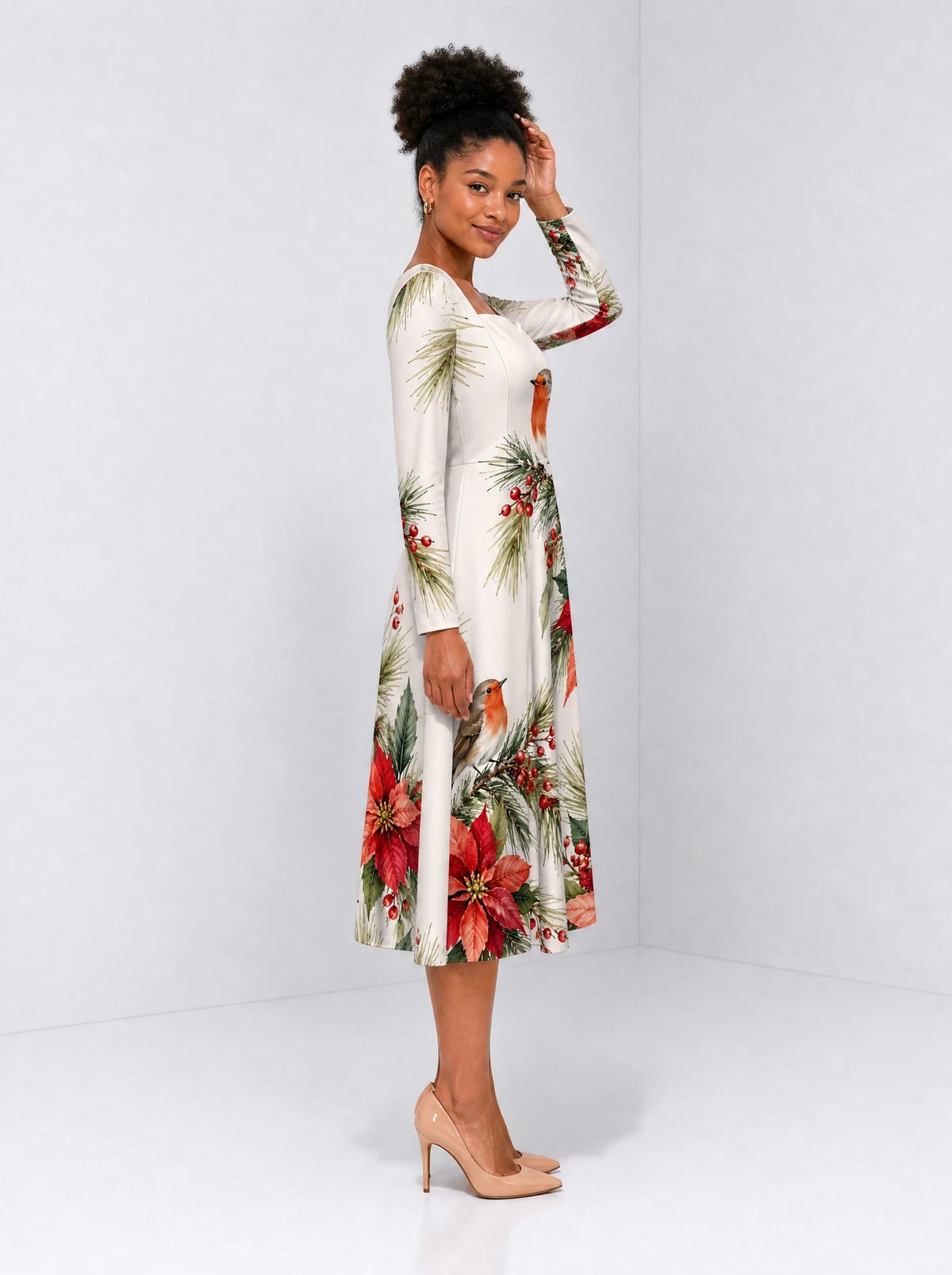 "Shomoro" Long Sleeve Sweetheart Midi Dress — side view on model